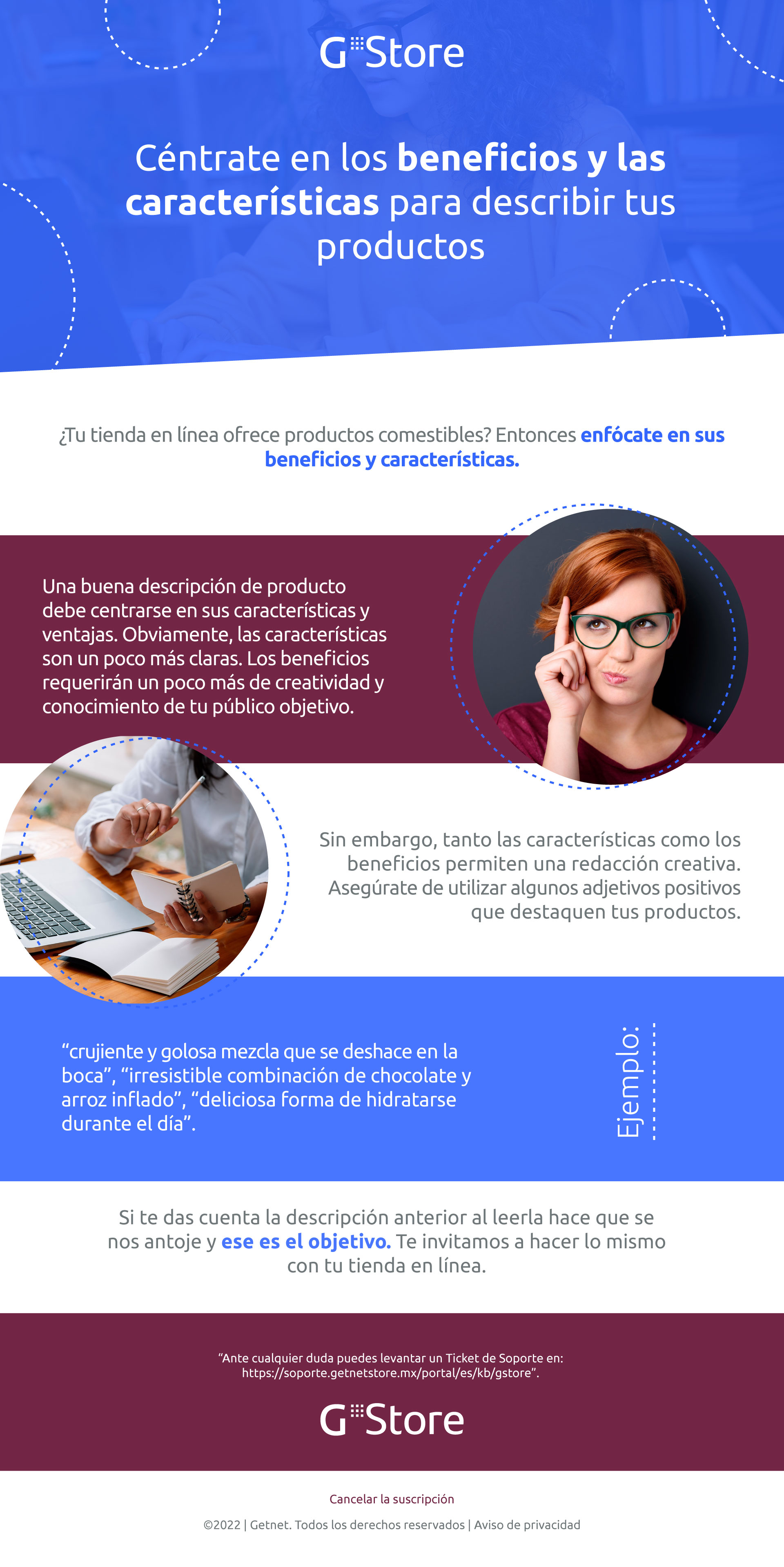 Céntrate en los beneficios y las características para describir tus productos